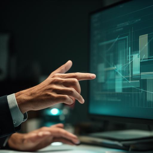 Experta en intangibles analizando gráficos y una pantalla con cifras en una oficina sobria