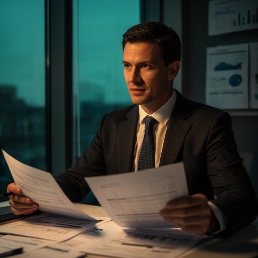 Asesora financiera revisando balances junto a una ventana con luz tenue en una oficina moderna