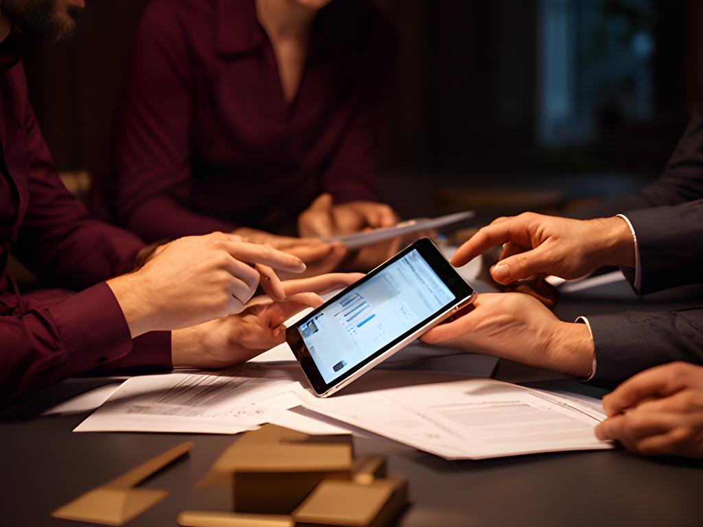 Equipo de empresarios revisando papeles y una tablet en una sala de reuniones oscura con luz cálida en España