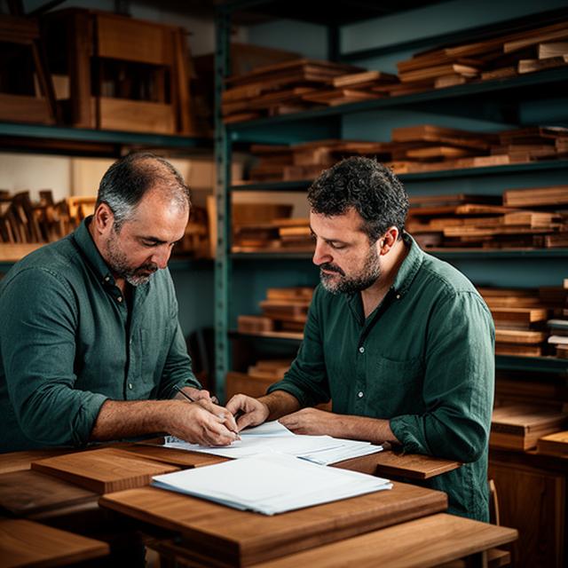 Interior de un taller de muebles en Canarias con dos hermanos revisando cuentas junto a estanterías de madera