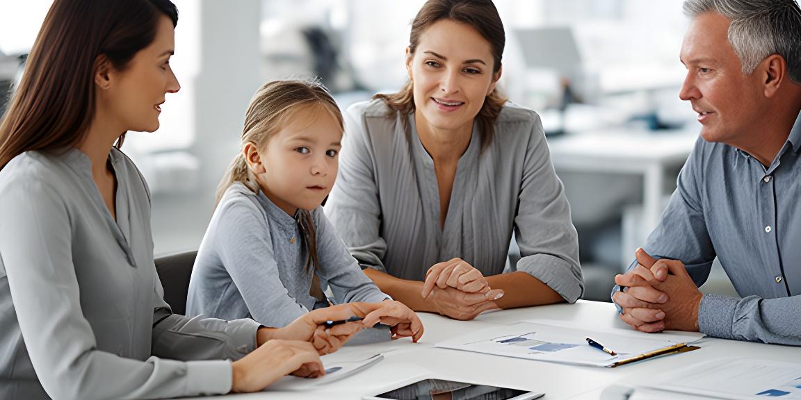 Familia empresaria reunida en una oficina luminosa revisando un plan de continuidad con carpetas, portátil y notas sobre la mesa