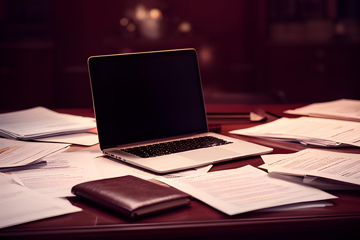 Mesa de trabajo con documentos legales, un portátil abierto y una libreta en una oficina oscura con luz cálida