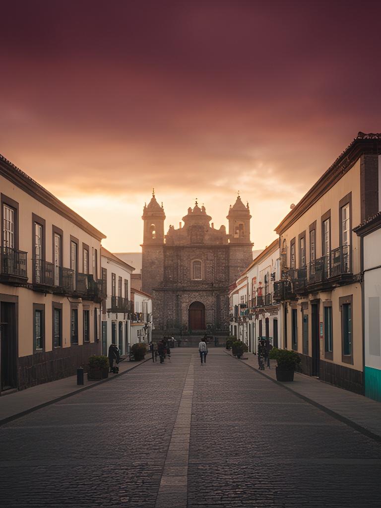 Vista de la Basílica de Teror con una calle empedrada y fachadas tradicionales al atardecer