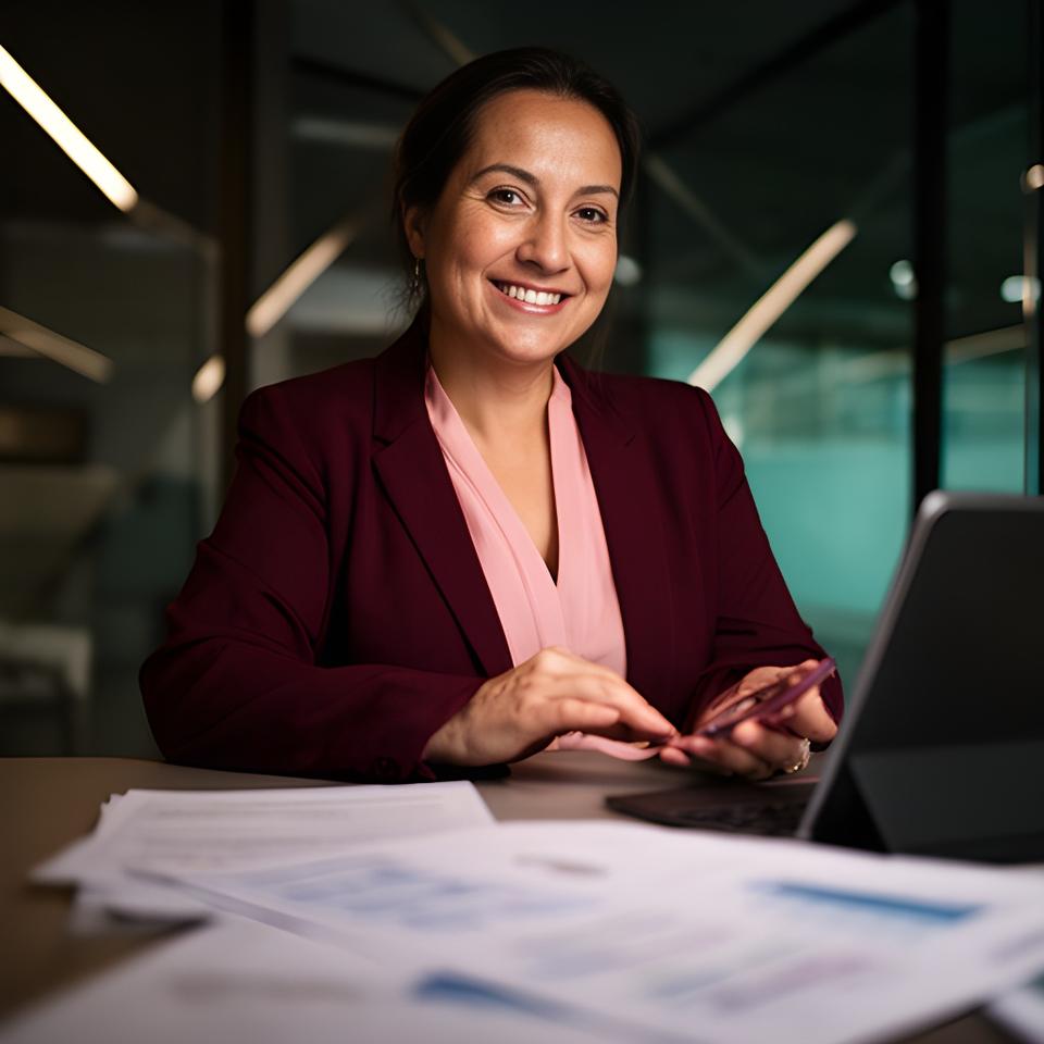 Empresario sonriente revisando una venta de empresa en una oficina moderna con luz tenue